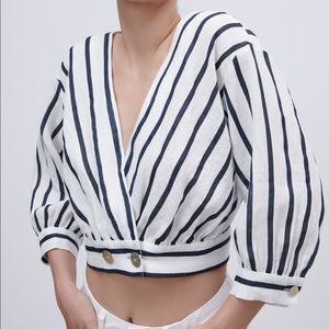 New Zara Linen Stripped Cropped Top White Black